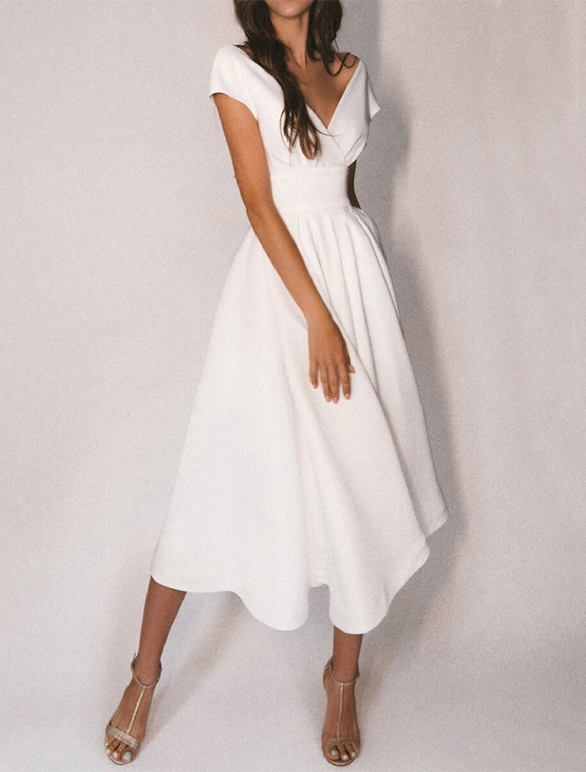 Wholesale A-Line Cocktail Dresses Party Dress Homecoming Wedding Guest Tea Length Short Sleeve Off Shoulder Stretch Fabric with Sleek Pure Color